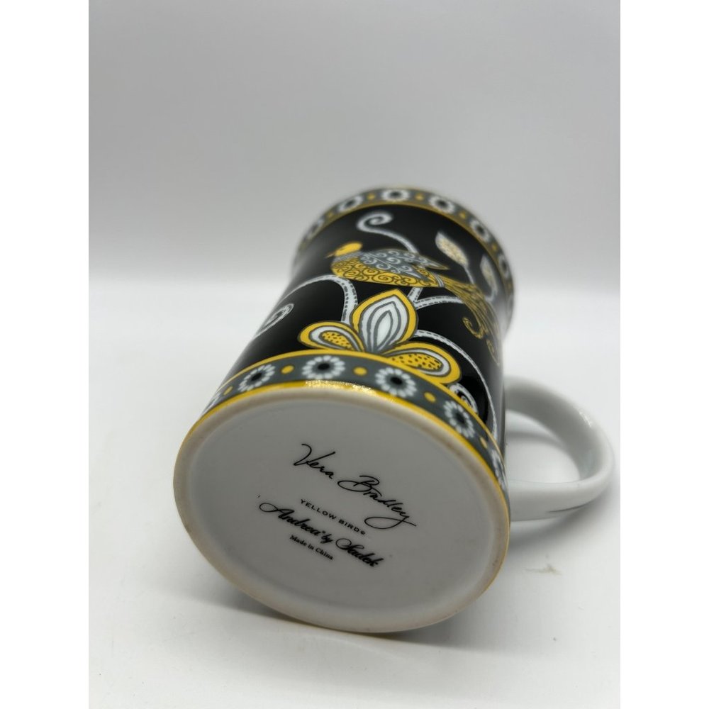 Vera Bradley Coffee Mug Yellow Bird Flower 4" Black and Yellow - Picture 4 of 5